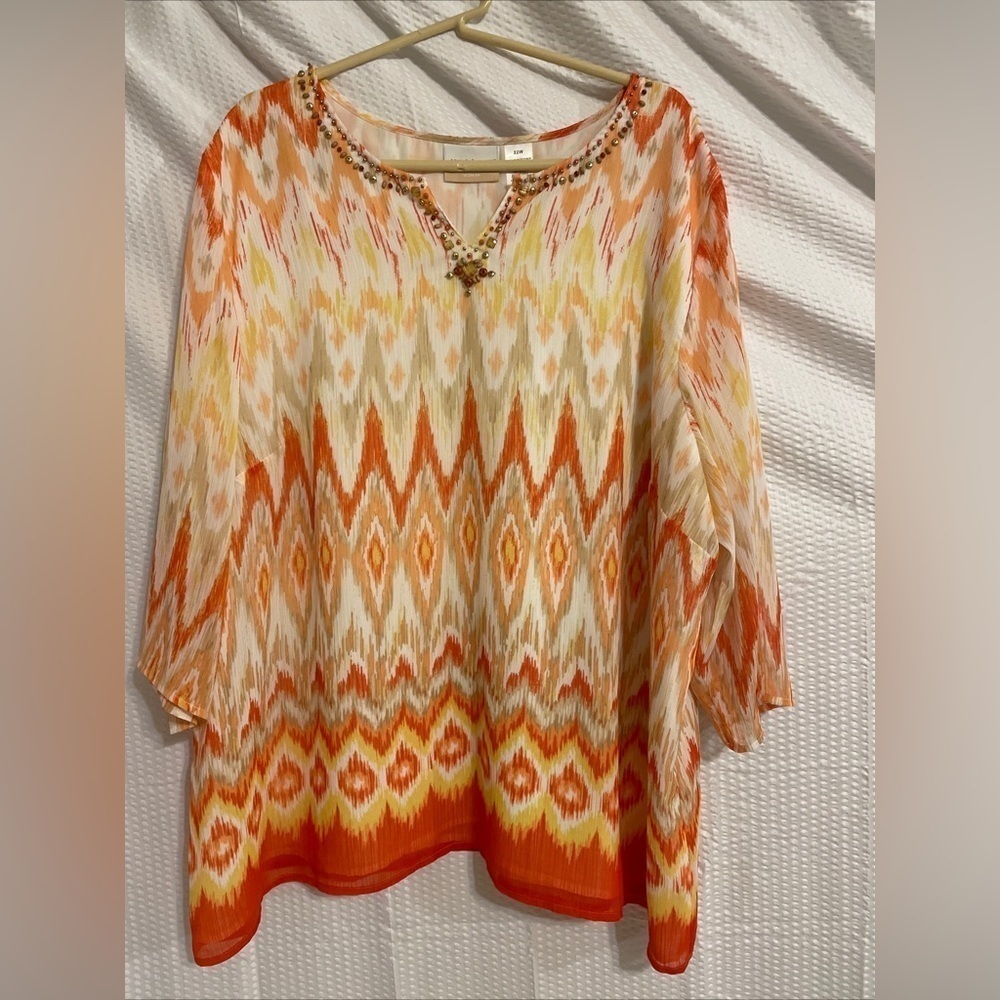 Alfred Dunner multicolored boho v-neck 3/4 sleeve blouse beaded neckline 22W